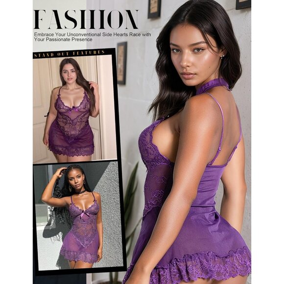 Women Purple Lingerie Lace Babydoll Mesh Chemise Sleepwear Bridal Nightdress - Picture 5 of 5